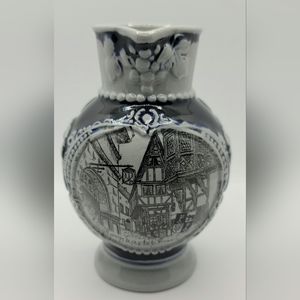 German Small Stoneware Pitcher HandCrafted HandPainted Gray and Cobalt Blue